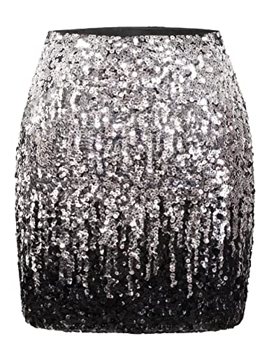 MANER Damen Pailletten Rock Glitzer Stretchy Bodycon Mini Rock Night Out Party, Silber/Grau/Schwarz, X-Groß von MANER