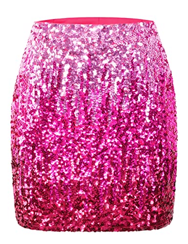 MANER Damen Pailletten Rock Sparkle Stretchy Bodycon Mini Röcke Abend Out Party - Pink - X-Groß von Maner