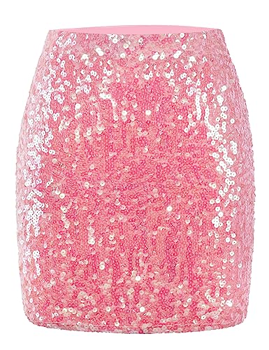 MANER Damen Pailletten Rock Sparkle Stretchy Bodycon Mini Röcke Night Out Party, Pink, Klein von MANER