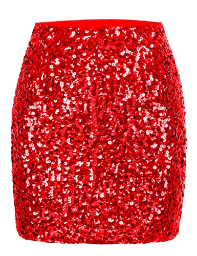 MANER Damen Pailletten Rock Sparkle Stretchy Bodycon Mini Röcke Night Out Party, Rot/Ausflug, einfarbig (Getaway Solids), Klein von Maner