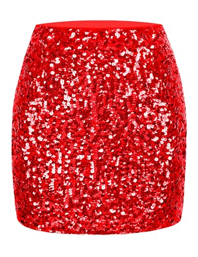 MANER Damen Pailletten Rock Sparkle Stretchy Bodycon Mini Röcke Night Out Party, Rot/Ausflug, einfarbig (Getaway Solids), Klein von MANER