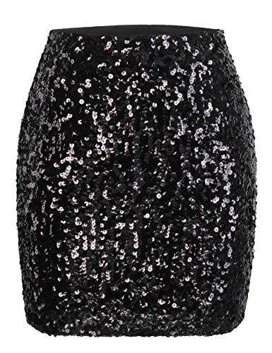 MANER Damen Pailletten Rock Sparkle Stretchy Bodycon Mini Röcke Night Out Party, Schwarz, Mittel von MANER