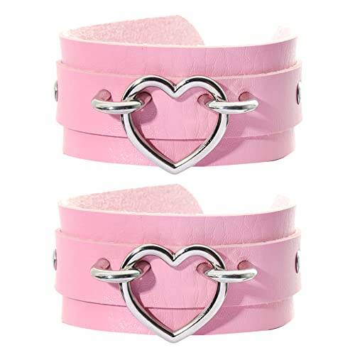 Manfnee 2er Pack Punk Goth Armband für Herren Damen Leder Herz Metall Nieten Manschette Breites Armband Pink von Manfnee