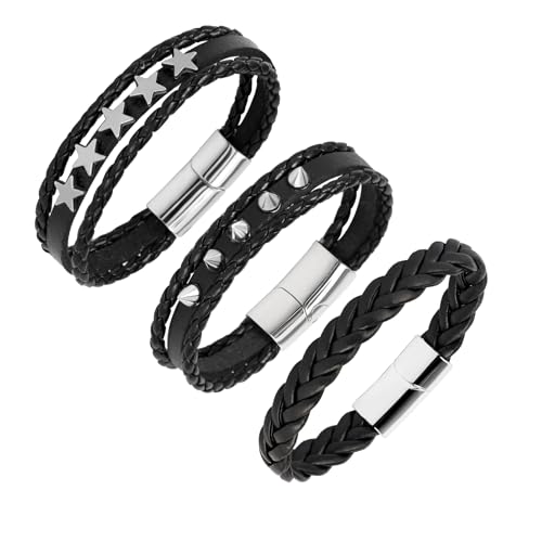 Manfnee 3 Stücke Herren Armband Leder Armbänder für Herren Damen Schwarze Geflochtene Leder Armband von Manfnee
