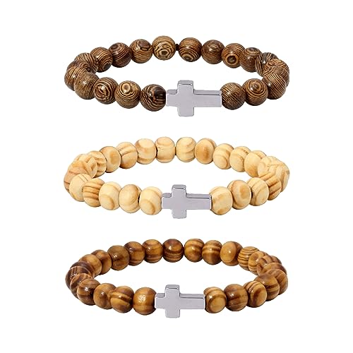 Manfnee 3Pcs Armband mit Kreuz 8mm natürlichen Holzperlen Männer Frauen Armband Phantasie Kruzifix Gebet Gelassenheit Elastisch von Manfnee