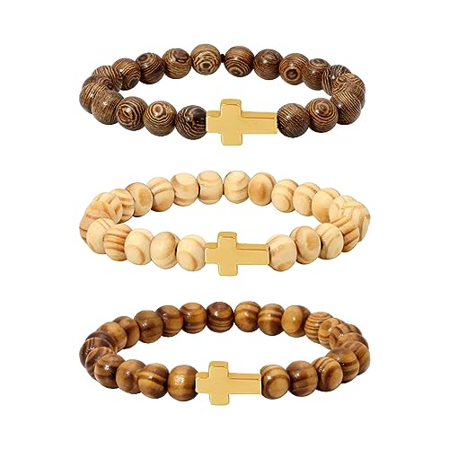 Manfnee 3Pcs Armband mit Kreuz 8mm natürlichen Holzperlen Männer Frauen Armband Phantasie Kruzifix Gebet Gelassenheit Elastisch von Manfnee