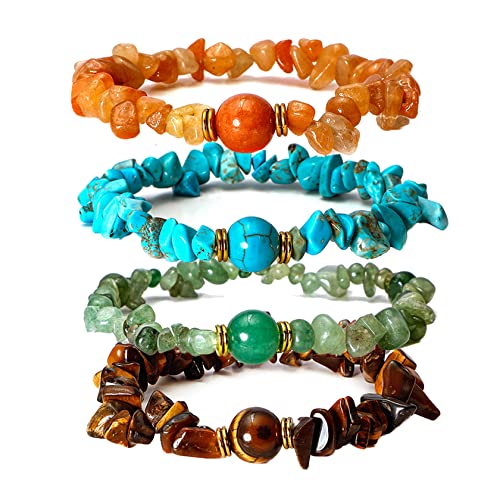 Manfnee 4 Stück Chakra Kristall Chip Stein Armbänder für Frauen, Reiki, unregelmäßiges Stretch Armband von Manfnee