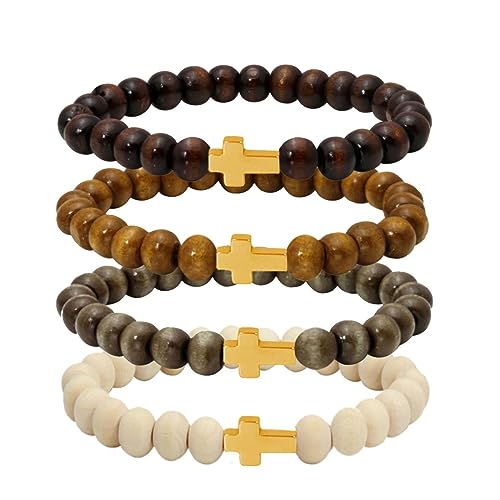 Manfnee 4Pcs Armband mit Kreuz 8mm natürlichen Holzperlen Männer Frauen Armband Fantasy Kruzifix Gebet Gelassenheit elastisch von Manfnee