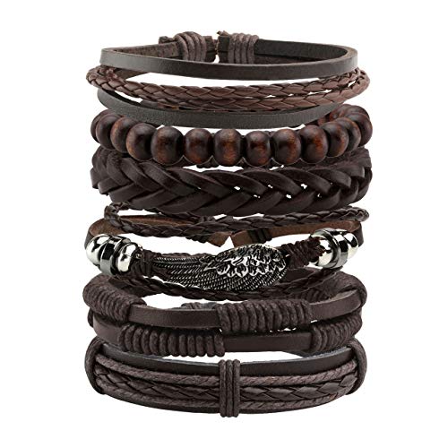 Manfnee 6PCS Geflochtenes Lederarmband für Männer Frauen Holzperlen Manschette Wickelarmband Einstellbar von Manfnee