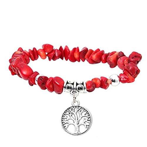 Manfnee Armband mit Lebensbaum-Anhänger Rote Koralle Unregelmäßig Elastisch Stein von Manfnee