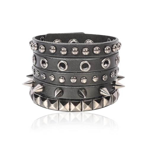 Manfnee Breit Leder Armband für Herren Damen Herren Armbänder Schwarz Punk Nieten Armband goth Manschette von Manfnee