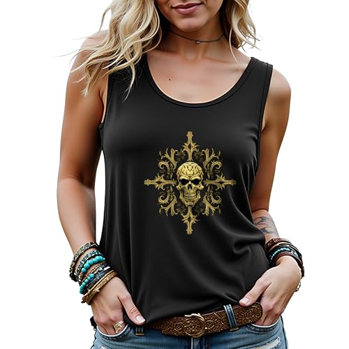 Manfnee Damen Punk Rock Grafik T-Shirts ohne Ärmel Lustiges Tank-Top mit Totenkopf-Aufdruck für Damen M von Manfnee