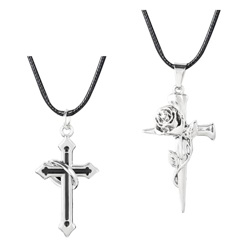 Manfnee Gothic Choker Halskette Seil Kreuz Anhänger Halskette PU Leder Chokers Punk Kragen für Herren Damen von Manfnee