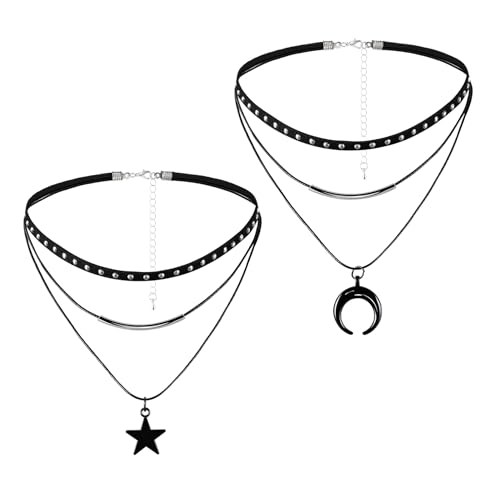 Manfnee Gothic Choker Halskette Seil Mond Stern Anhänger Halsketten PU Leder Chokers Punk Kragen für Damen von Manfnee