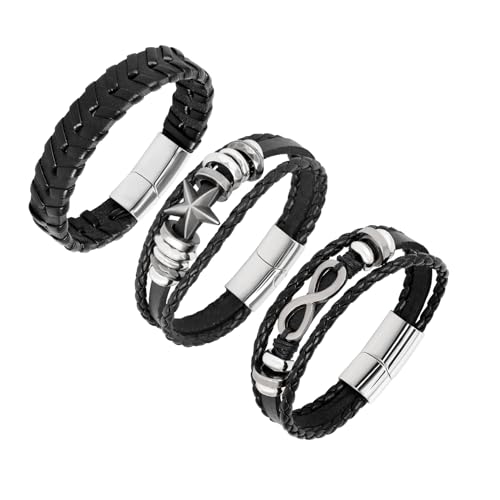 Manfnee Herren Armband Leder Armband für Damen und HerrenLeder und Stahl Geflochtene Armbänder Schwarze von Manfnee