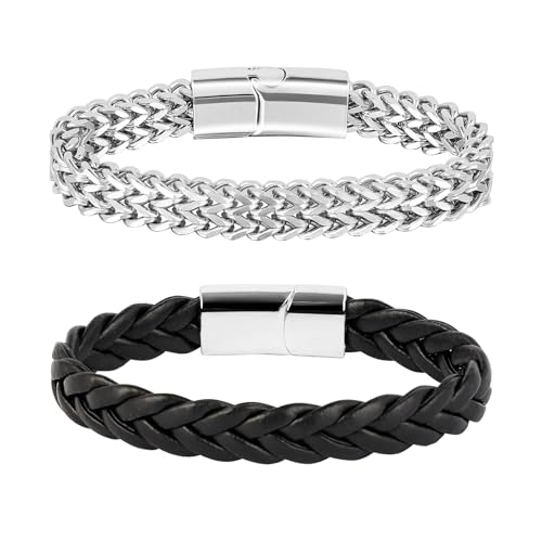 Manfnee Herren Armband Leder und Stahlarmbänder für Männer Frauen Geflochtene Leder armband Edelstahl Armbänder von Manfnee