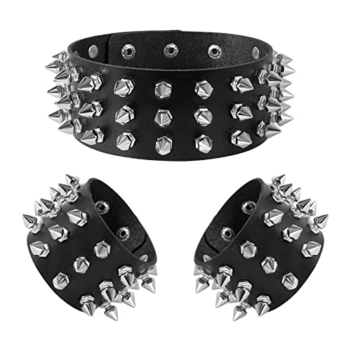 Manfnee Leder Choker Armbnd Punk Halsband Halskette Spike Nieten Manschette Gothic Armband für Damen Herren von Manfnee