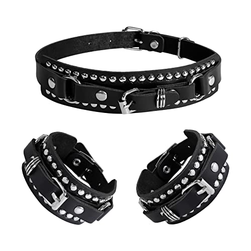 Manfnee Leder Choker Armbnd Punk Halsband Halskette Spike Nieten Manschette Gothic Armband für Damen Herren von Manfnee