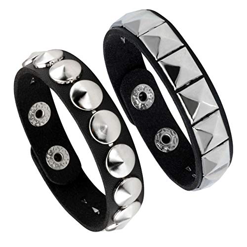 Manfnee 2 STÜCKE Leder Manschette Armband Punk Armband Rock Spike Armband für Männer Frauen Einstellbar von Manfnee