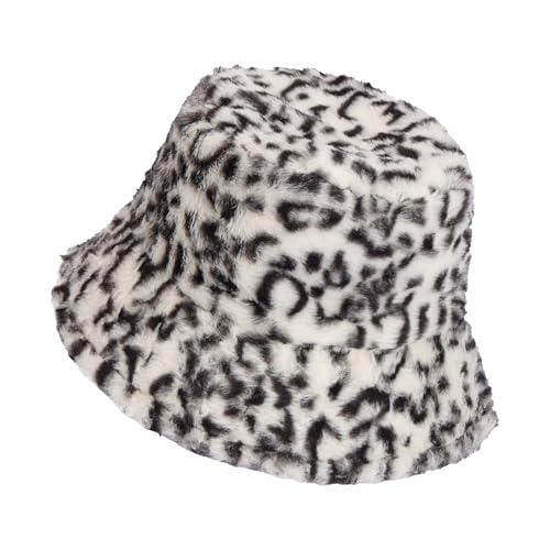 Manfnee Leopard Eimer Hut Winter Kunstpelz Fuzzy Eimer Hut Flauschig Warm Hut für Frauen Männer von Manfnee