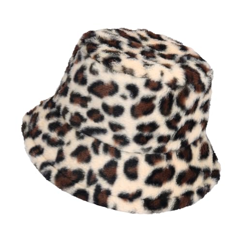 Manfnee Leopard Eimer Hut Winter Kunstpelz Fuzzy Eimer Hut Flauschig Warm Hut für Frauen Männer von Manfnee