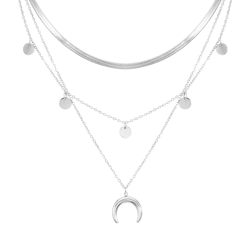Manfnee Mehrschichtige Mond Anhänger-Halskette für Frauen,Zierliche Silber Halskette Trendy Silber Schichtung Choker Halsketten von Manfnee