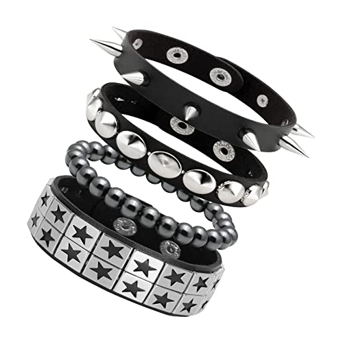 Manfnee Punk Lederarmband Spike Rock Nietenarmband von Männer Frauen Gothic Armbänder Schwarze Einstellbar von Manfnee