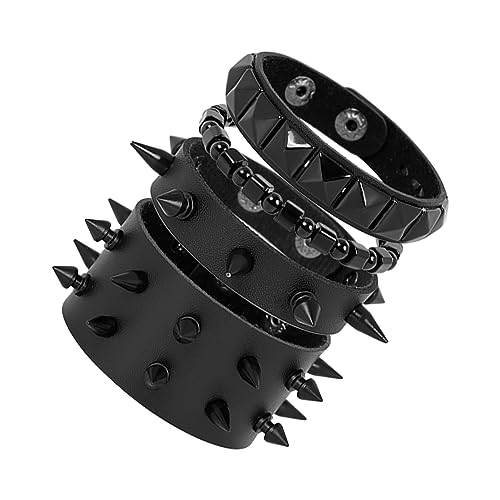 Manfnee Punk Lederarmband Spike Rock Nietenarmband von Männer Frauen Gothic Armbänder Schwarze Einstellbar von Manfnee