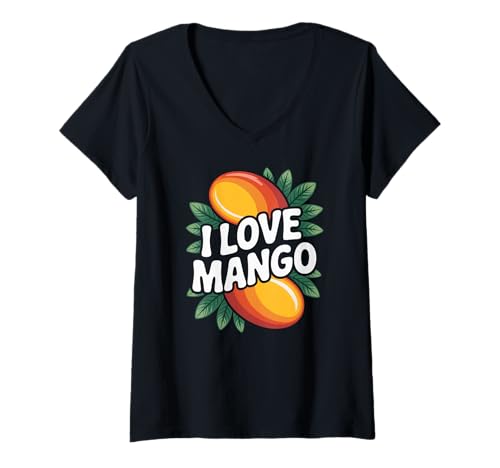 Damen Ich liebe Mango Bold Tropical Fruit Statement T-Shirt mit V-Ausschnitt von Mango Enthusiasts Tropical Fruit Lovers