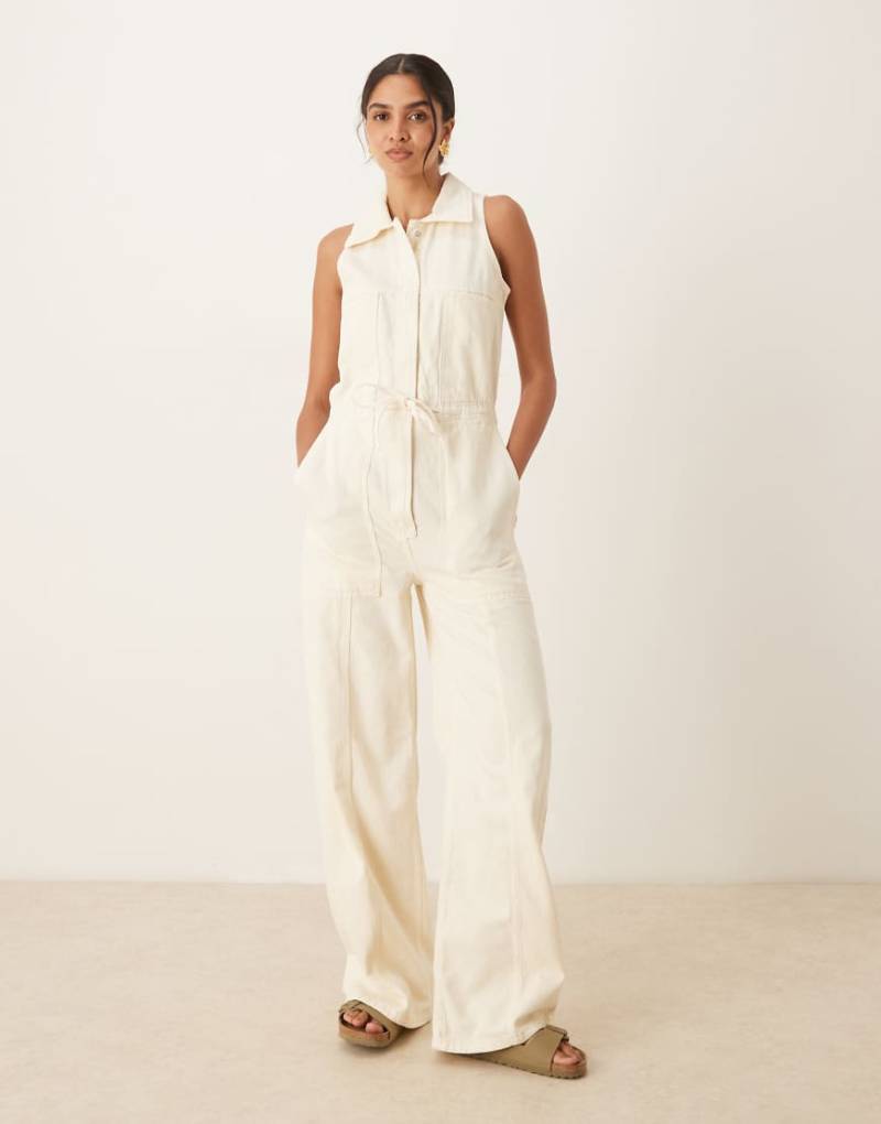 Mango - Ärmelloser Jumpsuit in Beige mit Kragendetail, Knopfleiste und Taillenbindung-Neutral von Mango