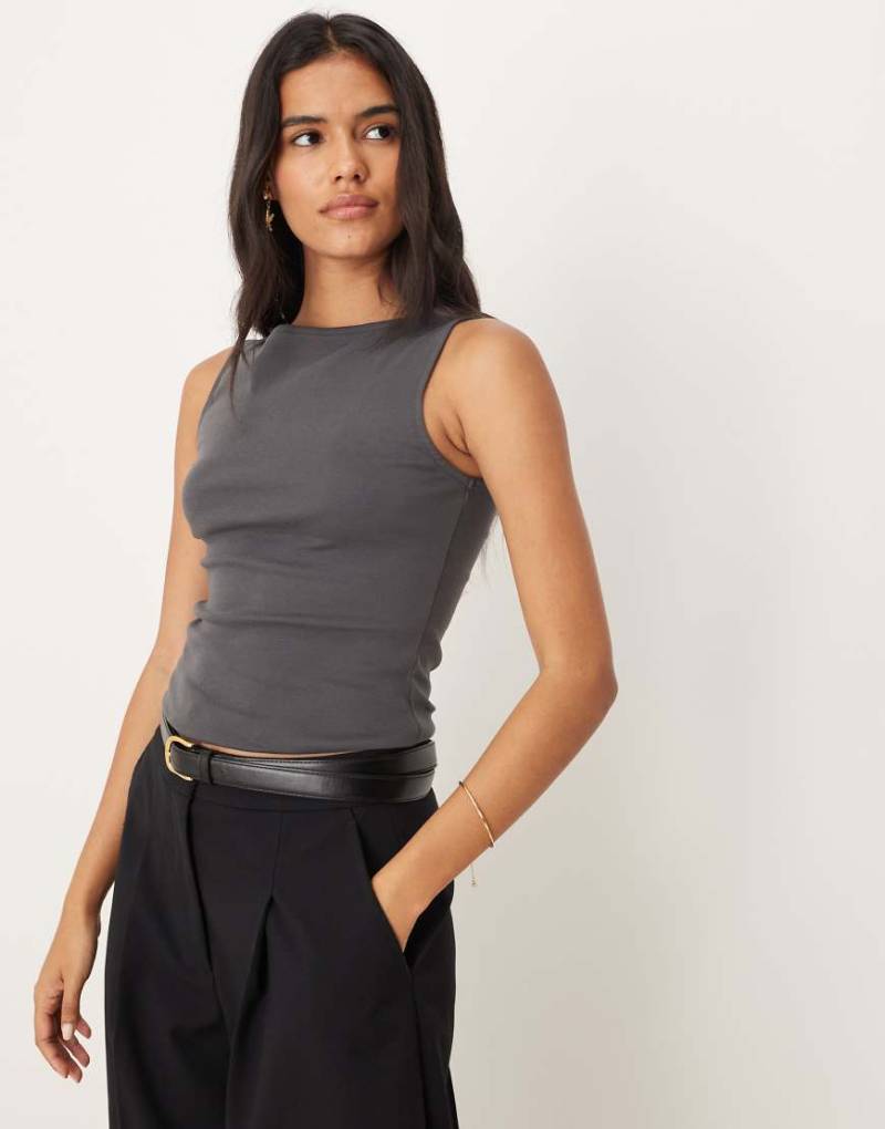 Mango - Ärmelloses Baumwollmix-Oberteil in Anthrazit mit U-Boot-Ausschnitt-Grau von Mango