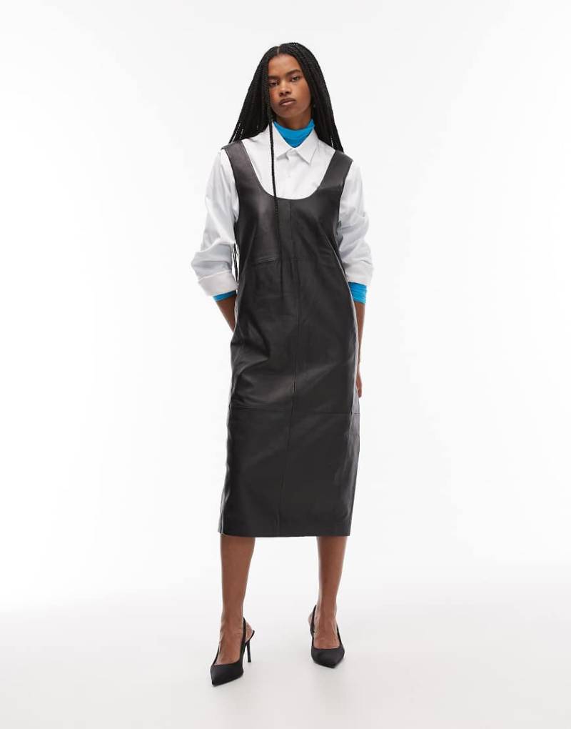 Mango - Ärmelloses Midikleid aus 100% Leder in Schwarz mit quadratischem Ausschnitt von Mango