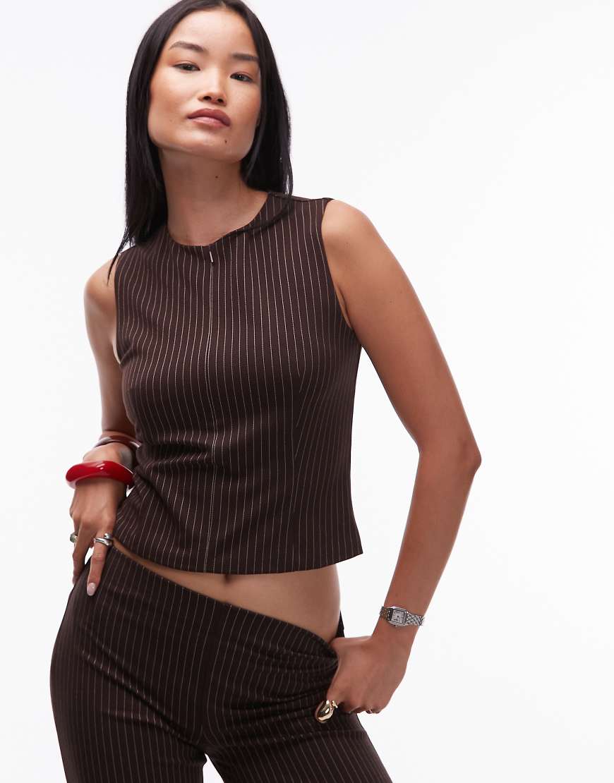 Mango - Ärmelloses Oberteil in Braun mit Reißverschluss und Nadelstreifen, Kombiteil-Brown von Mango