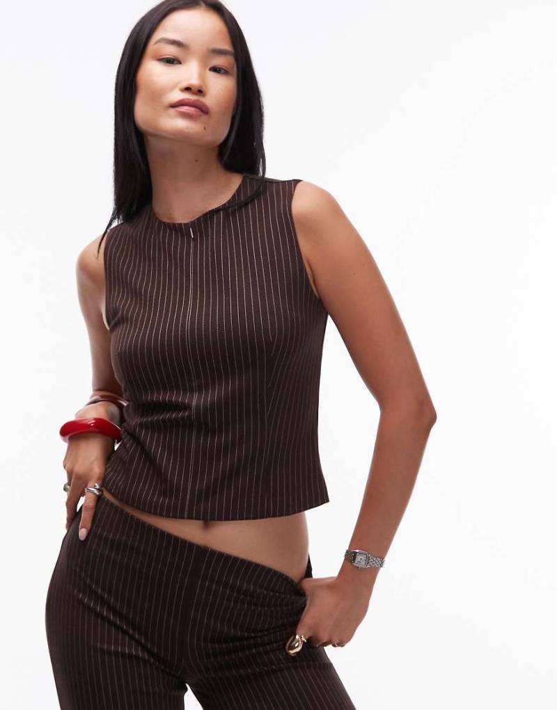 Mango - Ärmelloses Oberteil in Braun mit Reißverschluss und Nadelstreifen, Kombiteil-Brown von Mango