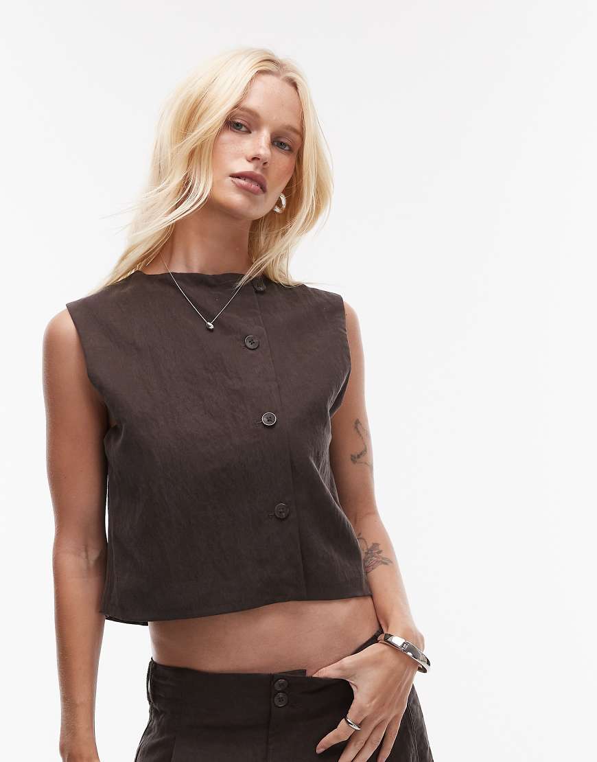Mango - Ärmelloses Top aus Cupro-Stoff in Braun mit Knöpfen, Kombiteil von Mango