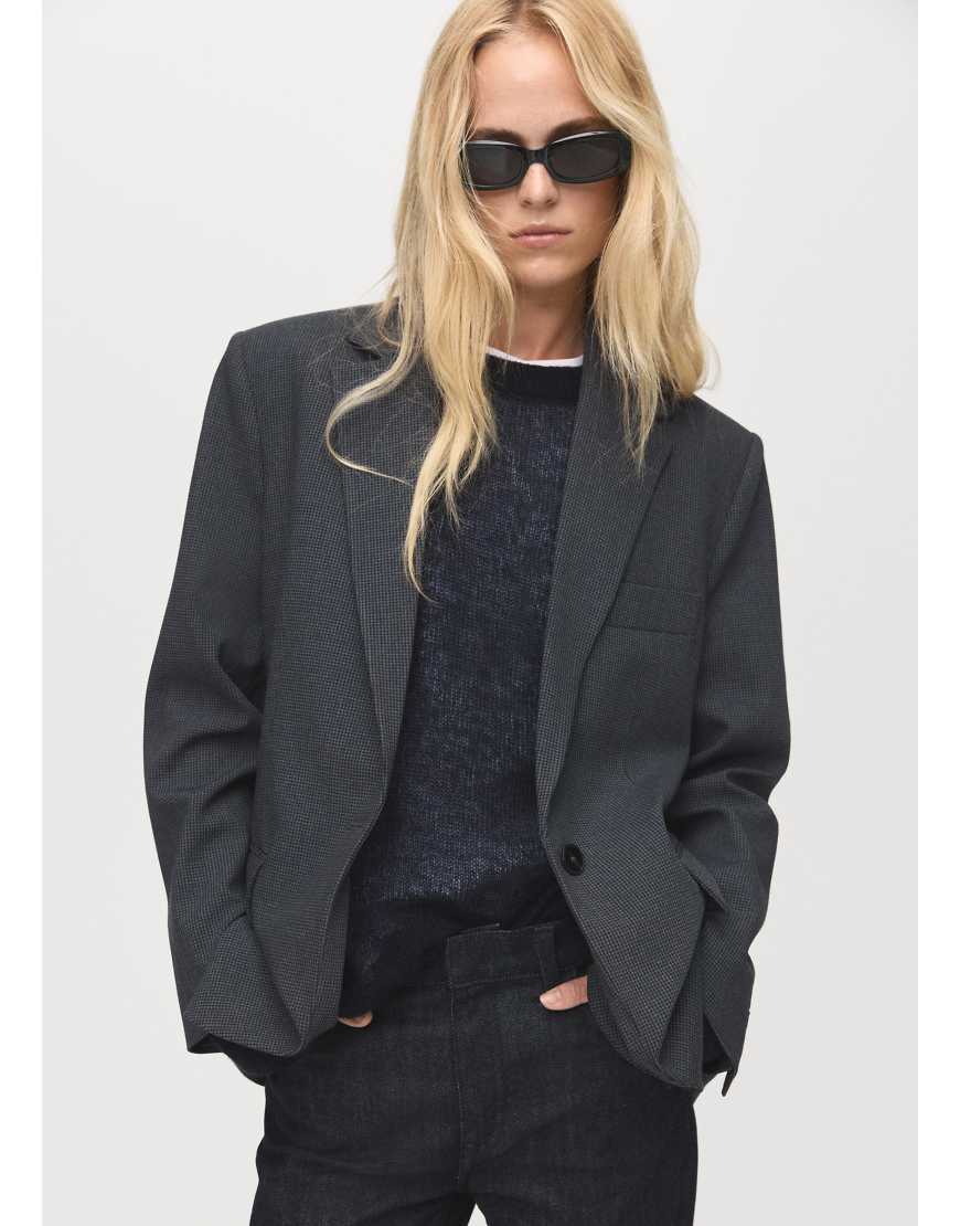 Mango - Angerauter, eleganter Oversize-Blazer in Grau mit Karomuster von Mango