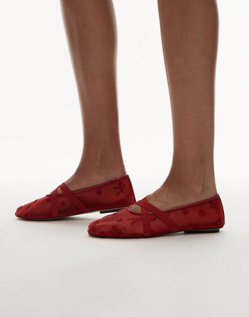 Mango - Ballerinas aus Mesh in Rot mit Blumendetails von Mango
