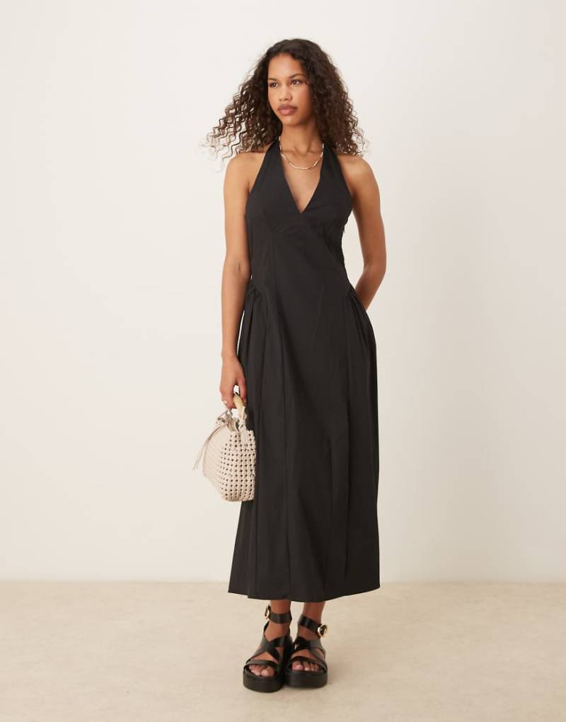 Mango - Baumwoll-Midaxikleid in Schwarz mit Neckholder, tiefer Taille und strukturiertem Oberteil von Mango
