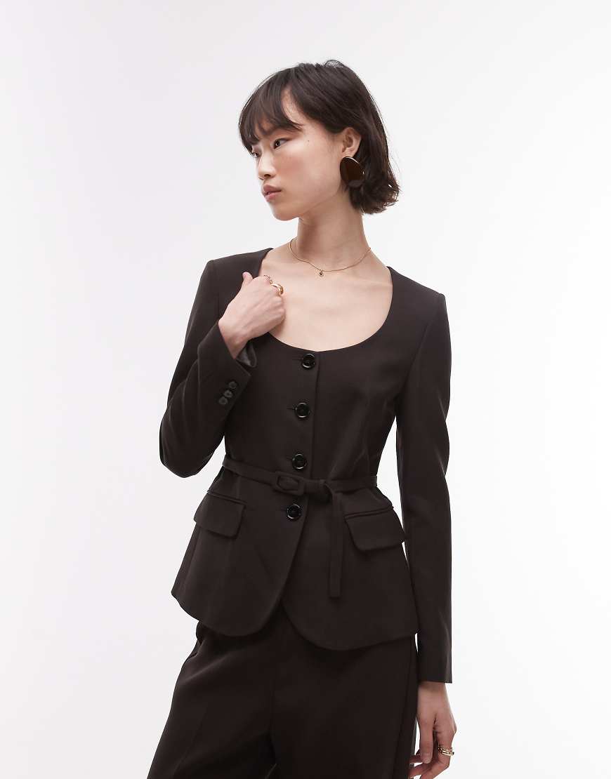 Mango - Blazer in Schokobraun mit schmalem Bindegürtel, Kombiteil von Mango