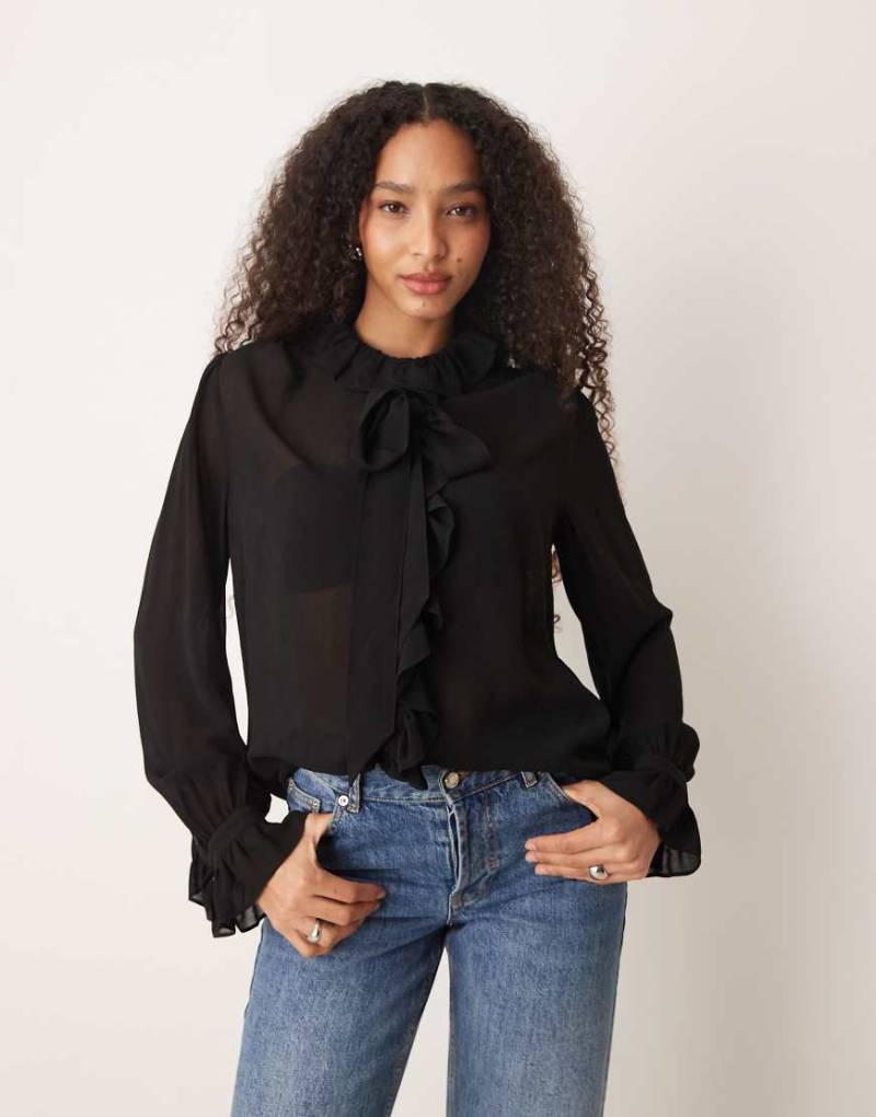 Mango - Bluse in Schwarz mit Rüschen und gebundenem Ausschnitt von Mango