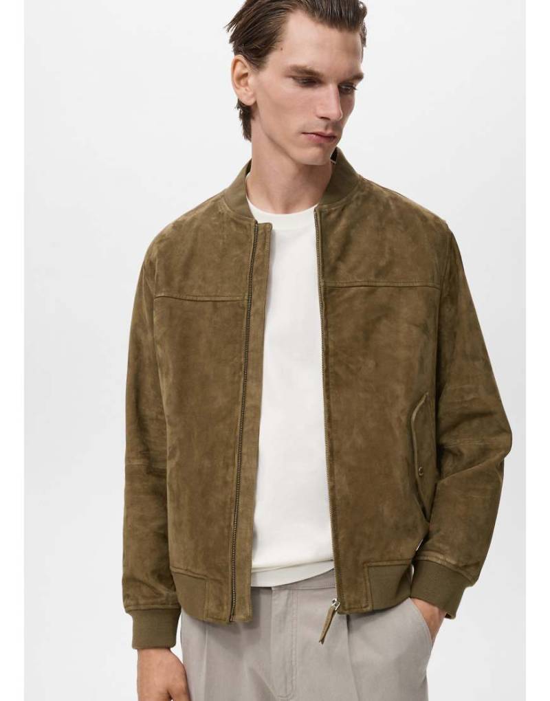 Mango - Bomberjacke mit Lederoptik in Khaki-Grün von Mango