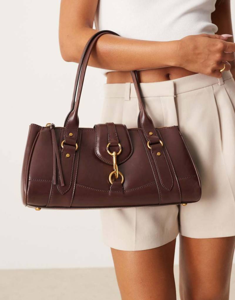Mango - Bowler-Schultertasche im Retrolook in Dunkelbraun mit Verschluss-Detail-Brown von Mango