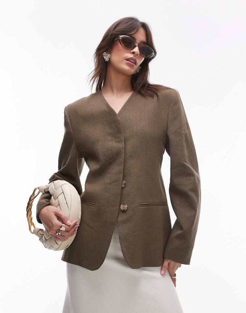 Mango - Capsule - Blazer aus Leinenmix in Olivgrün mit Taillen-Abnähern und Strukturmuster von Mango