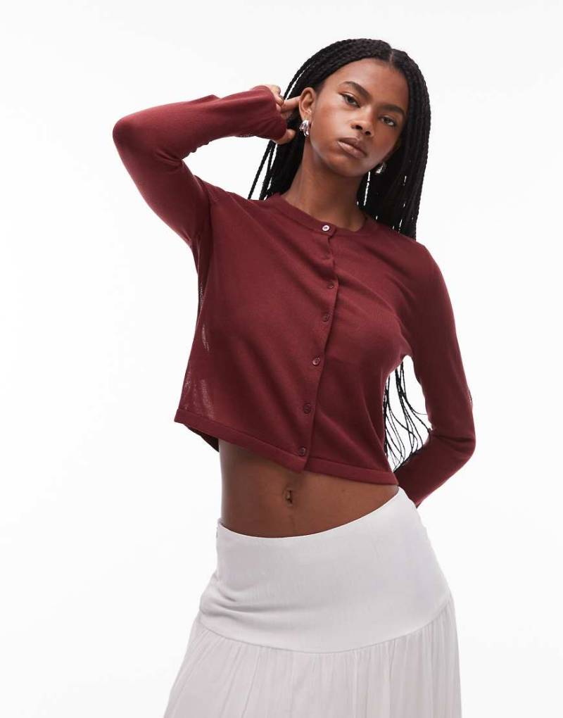 Mango - Capsule - Durchsichtige Strickjacke in Burgunderrot mit Metallic-Garnen von Mango