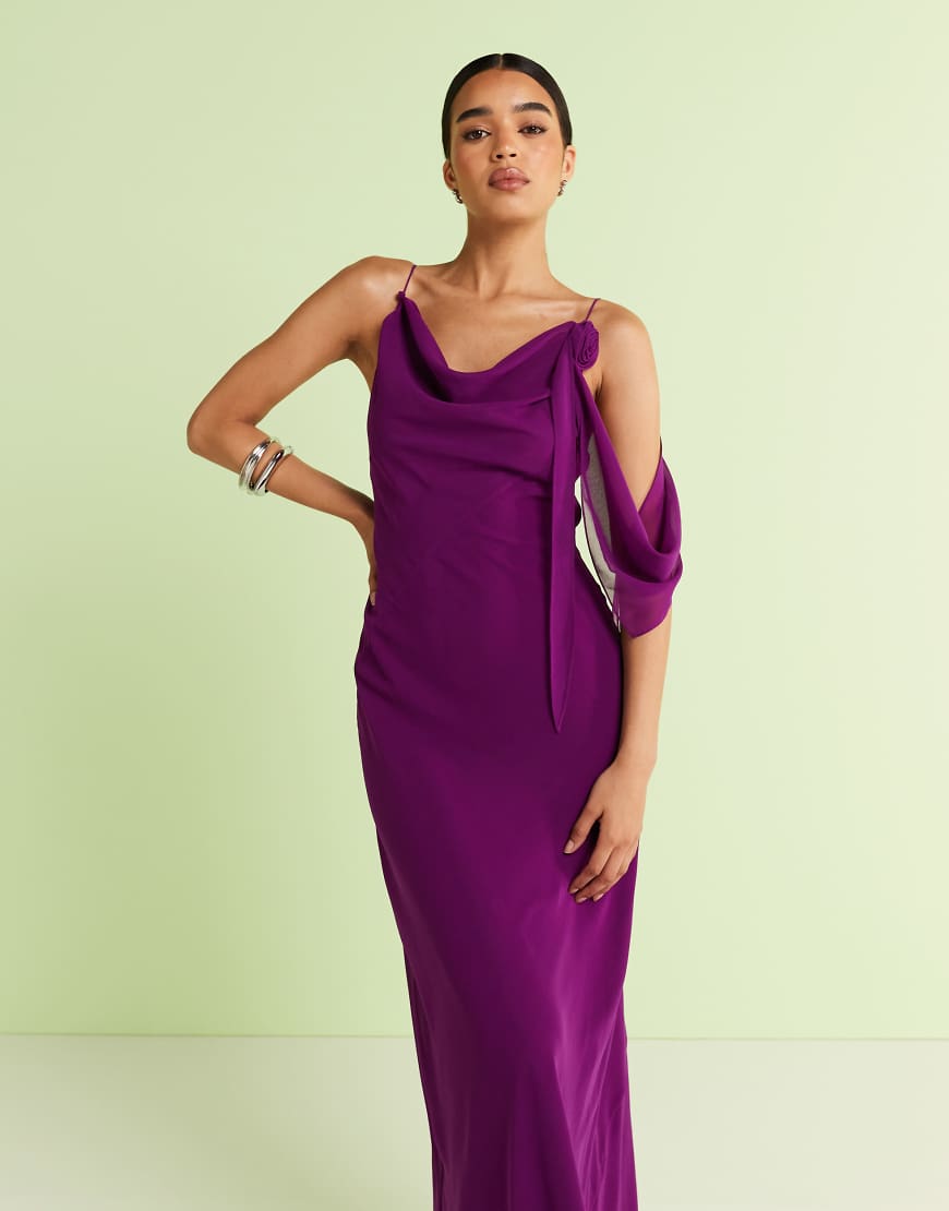 Mango - Chiffon-Maxikleid in Pflaume mit drapiertem Rosettendetail-Lila von Mango