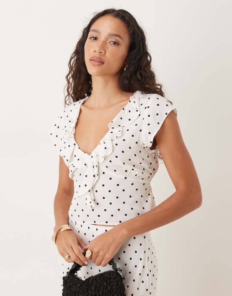 Mango - Cropped-Bluse mit Punktmuster und Rüschendetail, Kombiteil-Weiß von Mango