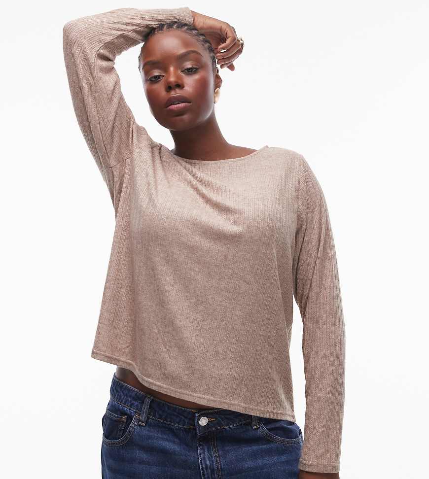 Mango Curve - Geripptes, langärmliges Oberteil in Beige mit Materialmix-Neutral von Mango