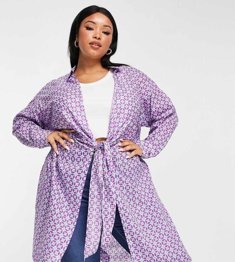 Mango Curve - Vorne gebundene Hemdbluse mit geometrischem Muster in Lila von Mango