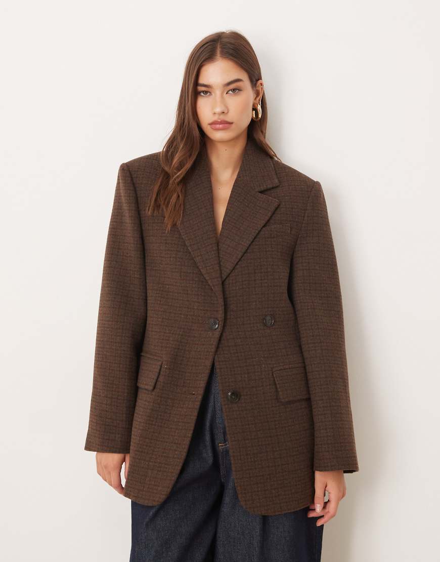 Mango - Eleganter, angerauter Oversize-Blazer in kariertem Braun-Brown von Mango