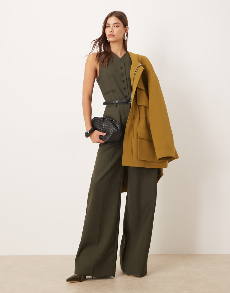 Mango - Eleganter Westen-Jumpsuit aus Wollmix in Khaki mit Gürtel-Grün von Mango